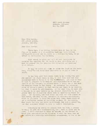 (WOMENS HISTORY--BEAUTY.) Annie Turnbo Malone. Letter describing her companys retrenchment and a proposed new school in Atlanta.